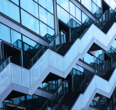 Photo of modern architecture showing two staircases on a building facade. (credit: Getty Images)