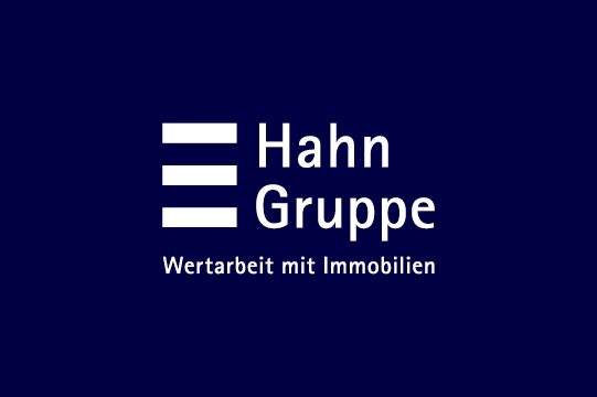 Hahn Gruppe logo in a white on a navy background